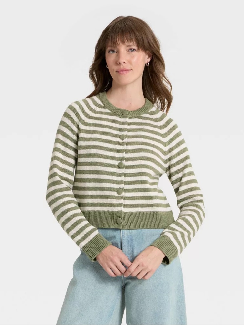 Universal Thread Olive and Cream Striped Button-Front Sweater
